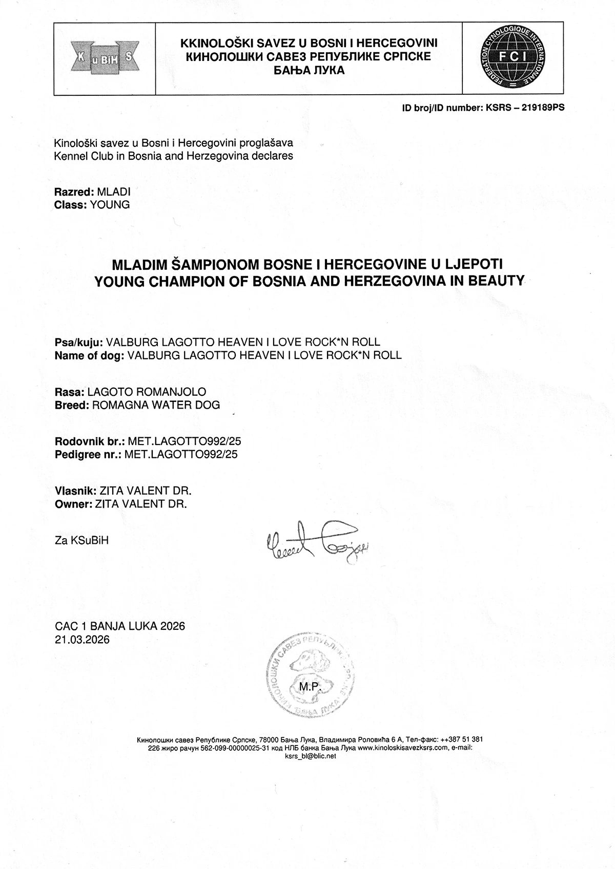 Bosnian-Herzegovinian Junior Champion